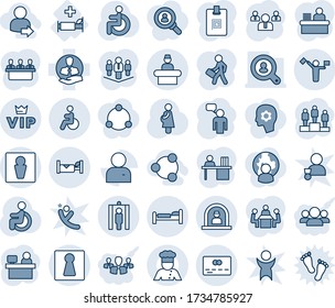 Blue tint and shade editable vector line icon set - dispatcher vector, male, female, reception, bed, metal detector gate, vip, credit card, disabled, hotel, speaking man, pedestal, team, pregnancy