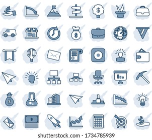 Blue tint and shade editable vector line icon set - seedling vector, rec button, paper plane, target, palm sproute, shining head, motivation, rocket, wallet, money bag, clock, pennon, earth, crisis
