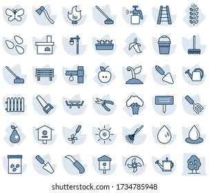 Blue tint and shade editable vector line icon set - trowel vector, garden fork, ripper, fence, rake, ladder, watering can, bucket, sproute, pruner, saw, butterfly, fire, seedling, water drop, sun