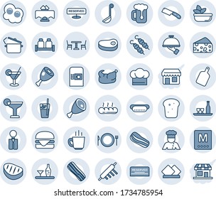 Blue tint and shade editable vector line icon set - cafe vector, coffee machine, plate spoon fork, waiter, cook, alcohol, restaurant table, hat, menu, reserved, cocktail, phyto bar, beer, salad, ham