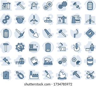 Blue tint and shade editable vector line icon set - airport building vector, factory, trowel, glove, saw, sickle, sea port, flammable, oil barrel, battery, low, root setup, windmill, crane, gear