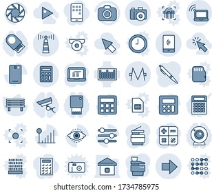 Tinta azul y sombra editable conjunto de iconos de línea vectorial - vector antena, portátil inalámbrico, cámara, flecha derecha, calculadora, pc, banco, código de barras, respaldo de teléfono, móvil, sintonización, id de ojo, señal celular, pluma