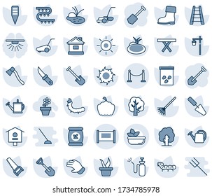 Blauer Farbton und Farbton bearbeitbare Vektor-Linie Ikone-Set - Zaun Vektor, Job, Handtuch, Schaufel, Rake, Leiter, Saatgut, Baum, Wasserdose, Handschuh, Kofferraum, Säge, Rasenmäher, Haus, Sonne, Gartenmesser, Axt, Licht