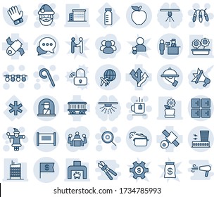 Blue tint and shade editable vector line icon set - fence vector, airport building, checkroom, passport control, officer window, plane globe, santa claus, garland, lollipop, tea, glove, vial, route