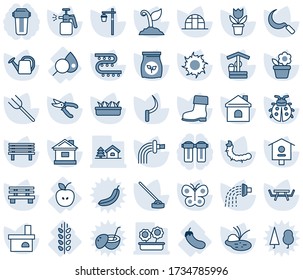 Blue tint and shade editable vector line icon set - flower in pot vector, farm fork, watering can, sproute, pruner, boot, butterfly, lady bug, house, seedling, sun, well, hoe, sickle, bench, pond