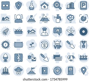 Blue tint and shade editable vector line icon set - parking vector, vip, medical room, passport, mountains, dog, trowel, seedling, garden sprayer, tonometer, pull ups, cargo container, search, vinyl