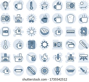 Blue tint and shade editable vector line icon set - hot cup vector, coffee machine, tea, fireplace, fire, thermometer, sun, air conditioner, bread, steak, dog, bowl, steaming pan, turkish, balloon