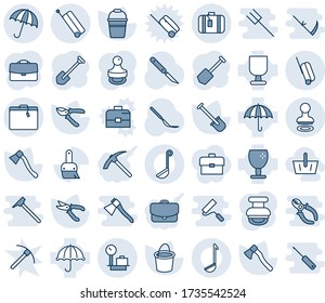 Blue tint and shade editable vector line icon set - suitcase vector, umbrella, stamp, baggage scales, job, shovel, bucket, pruner, axe, scalpel, fragile, themes, case, ladle, basket, hard work, rock