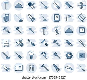 Blue tint and shade editable vector line icon set - safe vector, parking sign, spoon and fork, saw, hoe, implant, paper clip, dish, knife, work, piston, hammer, steel rolling, bucksaw, mason, chisel