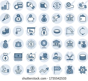Blue tint and shade editable vector line icon set - growth statistic vector, money bag, crisis graph, ruble, cent, coin, dollar exchange, sun, bank, account, piggy, investment, cash pay, encashment