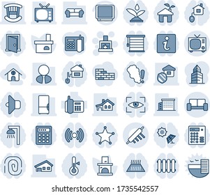Blue tint and shade editable vector line icon set - tv vector, vip waiting area, fireplace, office phone, building, house with garage, estate agent, children room, cushioned furniture, fridge, home