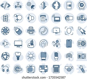 Blue tint and shade editable vector line icon set - wireless notebook vector, coffee machine, phone, fork loader, tomography, implant, earth, consolidated cargo, speaker, tv, video camera, radio