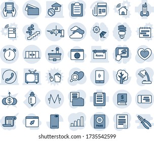 Blue tint and shade editable vector line icon set - ticket vector, passport, automatic doors, alarm clock, clouds, boarding passengers, airport building, document, tree, heart, diagnostic, clipboard