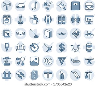 Blue tint and shade editable vector line icon set - antenna vector, suitcase, plane, dollar sign, book, drawing pin, well, hoe, plant label, caterpillar, picnic table, garden sprayer, scales, breads