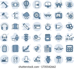 Blue tint and shade editable vector line icon set - airport building vector, spoon and fork, coffee machine, plane, christmas landscape, bow, notepad, rain, picnic table, heart, store, cash, battery