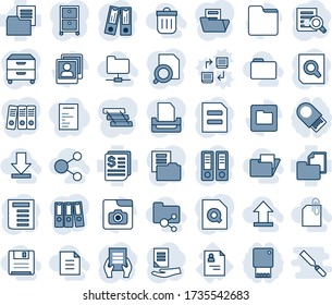 Blue tint and shade editable vector line icon set - office binder vector, document search, patient card, receipt, folder, photo gallery, paper, tray, archive box, download, uplooad, share, network