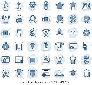 Blue tint and shade editable vector line icon set - star letter vector, pedestal, pennant, medal, sertificate, shield check, pennon, certificate, award cup, flag, golden branch, winner, win, gold