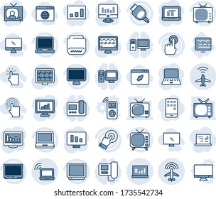 Blue tint and shade editable vector line icon set - plane radar vector, wireless notebook, pc, statistic monitor, pulse, diagnostic, tv, touch screen, laptop, hdmi, account statistics, hand, cursor