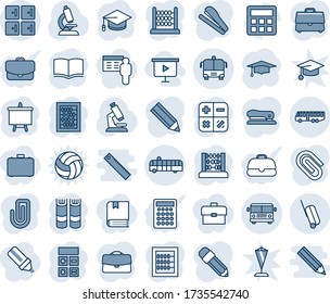 Blue tint and shade editable vector line icon set - airport bus vector, checkroom, suitcase, book, calculator, graduate, abacus, presentation board, microscope, case, paper clip, pencil, stapler