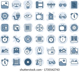 Blue tint and shade editable vector line icon set - elevator vector, alarm clock, tv, cafe, star postcard, abacus, stamp, fireplace, film frame, vinyl, flame disk, gallery, money chest, ink pen