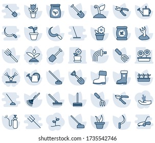 Blue tint and shade editable vector line icon set - job vector, flower in pot, garden fork, shovel, farm, rake, seedling, watering can, sproute, pruner, boot, hoe, sickle, sprayer, fertilizer, hand