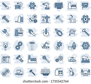 Blue tint and shade editable vector line icon set - fork loader vector, factory, heart gear, truck trailer, sea port, crane, work, water power plant, conveyor, casting of steel, wrench, hammer, bolt