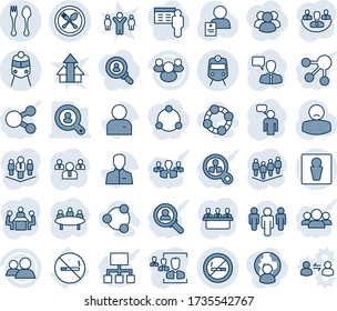 Blue tint and shade editable vector line icon set - spoon and fork vector, train, male, no smoking sign, speaking man, team, meeting, patient, group, user, company, hr, client search, social, media