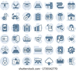 Blue tint and shade editable vector line icon set - security gate vector, plane radar, safe, lock, identity card, drip irrigation, sorting, barcode, chain, root setup, air conditioner, smart home