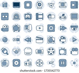 Blue tint and shade editable vector line icon set - ticket office vector, clapboard, film frame, reel, tv, gamepad, video camera, pause button, stop, rec, hdmi, record, play, fast forward, backward