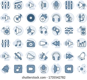 Blue tint and shade editable vector line icon set - vinyl vector, flame disk, microphone, radio, speaker, loudspeaker, settings, equalizer, headphones, fast forward, rewind, rca, tuning, bell, mute