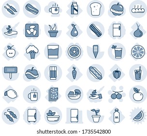 Blue tint and shade editable vector line icon set - tea vector, rowanberry, seedling, plant label, diet, apple, lemon, carrot, slice, sweet pepper, pear, onion, broccoli, milk, breads, fridge, drink