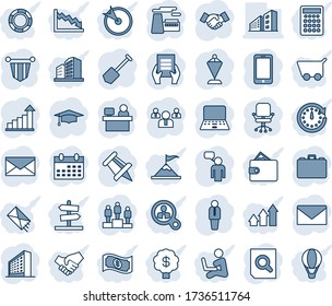 Blue tint and shade editable vector line icon set - manager vector, handshake, mobile phone, speaking man, mail, office building, growth statistic, chair, case, pedestal, pennant, team, graduate