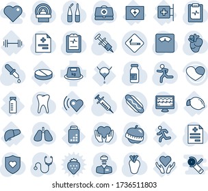 Blue tint and shade editable vector line icon set - smoking place vector, monitor pulse, doctor case, diagnosis, stethoscope, syringe, dropper, scales, ampoule, tomography, run, heart shield, hand