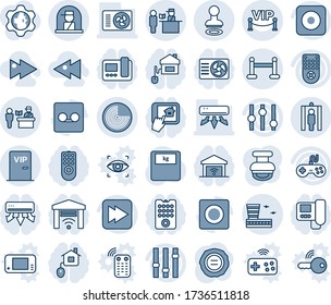 Blue tint and shade editable vector line icon set - passport control vector, stamp, radar, vip zone, metal detector gate, officer window, airport building, scales, gamepad, settings, remote, record