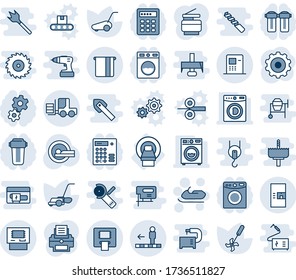 Blue tint and shade editable vector line icon set - coffee machine vector, travolator, fork loader, snowmobile, gear, lawn mower, ripper, tomography, mri, atm, printer, copier, washer, water filter