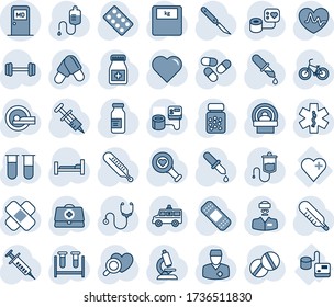 Blauer Farbton und Farbton der bearbeitbaren Vektorlinie - medizinischer Zimmervektor, Herz, Puls, Arzt, Stethoskop, Spritze, Blutdruck, Testdurchstechflasche, Tropfer, Thermometer, Diagnose, Mikroskop, Auto