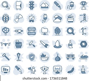Blue tint and shade editable vector line icon set - clouds vector, snowmobile, flag garland, statistic monitor, water drop, bench, dropper, broken bone, counter, onion, traffic light, themes, copier
