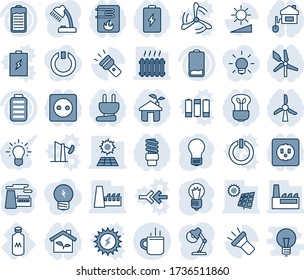 Blue tint and shade editable vector line icon set - hot cup vector, bulb, factory, milk, battery, low, torch, brightness, desk lamp, sun panel, heater, home control, eco house, socket, power plug
