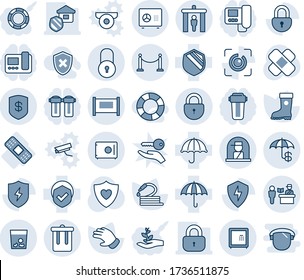 Blue tint and shade editable vector line icon set - fence vector, passport control, security gate, trash bin, lock, officer window, safe, glove, boot, hose, patch, heart shield, medical, umbrella