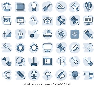 Blue tint and shade editable vector line icon set - plane radar vector, trap truck, sun, drawing pin, bulb, job, pencil, shovel, rake, well, bladder, broken bone, fingerprint id, cellular signal