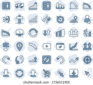 Blue tint and shade editable vector line icon set - elevator vector, growth statistic, crisis graph, route, signpost, navigation, up side sign, sorting, update, download, compass, exchange, bar