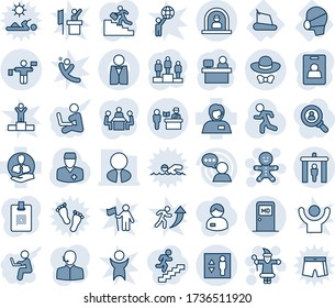 Tinta azul y sombra editable conjunto de iconos de línea vector - vector de control de pasaportes, puerta de seguridad, recepción, sala médica, controlador de tráfico, ascensor, santa claus, hombre de tartas, peatón, lugar de gerente, correr