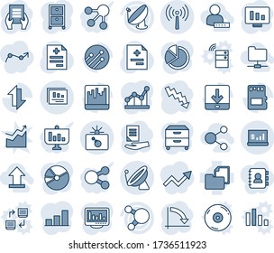 Tinta azul y sombra editable conjunto de iconos de línea vector - vector antena, satélite, bomba en caso, gráfico de crisis, documento, monitor estadístico, diagnóstico, carpeta, recurso compartido, escáner, sd, red, intercambio de datos