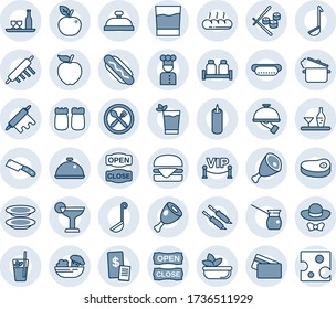 Blue tint and shade editable vector line icon set - cook vector, dish, alcohol, cafe, reception, drink, cocktail, phyto bar, salad, plates, waiter, salt and pepper, bread, candle, vip zone, steak