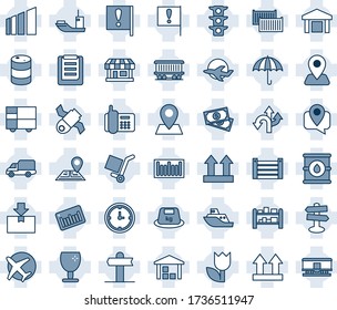 Blue tint and shade editable vector line icon set - route vector, signpost, navigation, pin, railroad, important flag, store, plane, satellite, cash, traffic light, office phone, mobile tracking