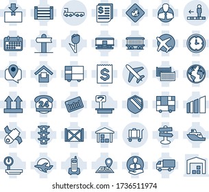 Blue tint and shade editable vector line icon set - plane vector, baggage, travolator, truck, signpost, navigation, earth, railroad, satellite, traffic light, office phone, 24 hours, client, clock