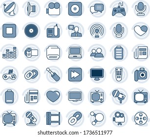 Blue tint and shade editable vector line icon set - tv vector, satellite antenna, film frame, vinyl, camera, microphone, news, speaker, gamepad, equalizer, video, remote control, dialog, monitor
