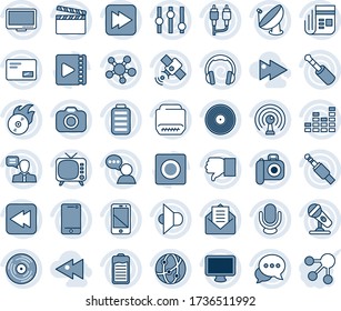 Blue tint and shade editable vector line icon set - satellite antenna vector, clapboard, vinyl, flame disk, camera, microphone, news, speaker, tv, settings, equalizer, network, cell phone, dialog