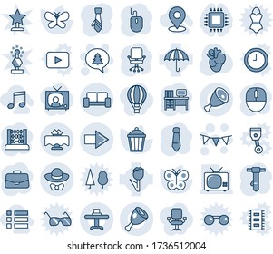 Blue tint and shade editable vector line icon set - right arrow vector, vip waiting area, merry christmas message, flag garland, office chair, case, abacus, mouse, desk, tie, butterfly, garden light