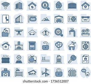 Blue tint and shade editable vector line icon set - office building vector, house with garage, pool, mailbox, sun panel, windmill, water supply, fruit tree, mountains, fence, estate document, sale